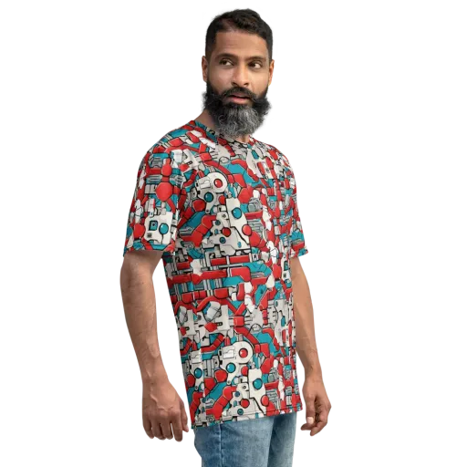 Red Circuitry on a Men's Crew Neck T-Shirt