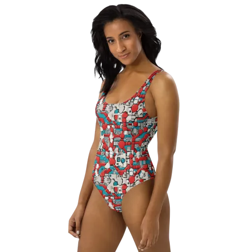 Red Circuitry on a One-Piece Swimsuit