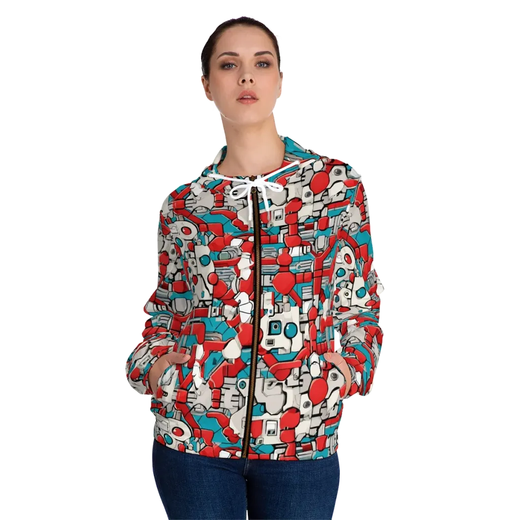 Red Circuitry on Women's Full-Zip Hoodie — Front On Person