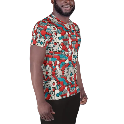 Red Circuitry on a Men's Athletic T-Shirt