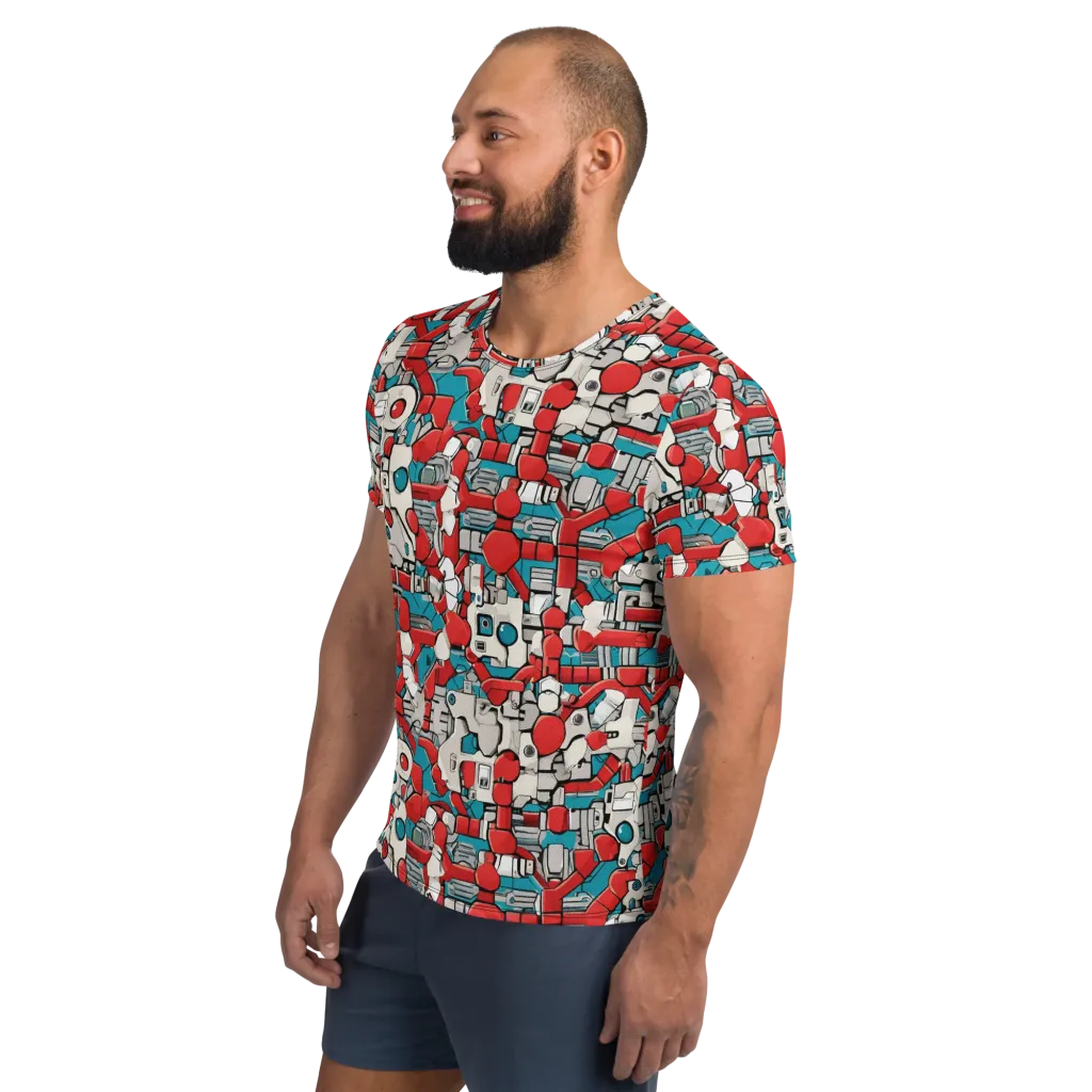 Red Circuitry on Men's Athletic T-Shirt — Left