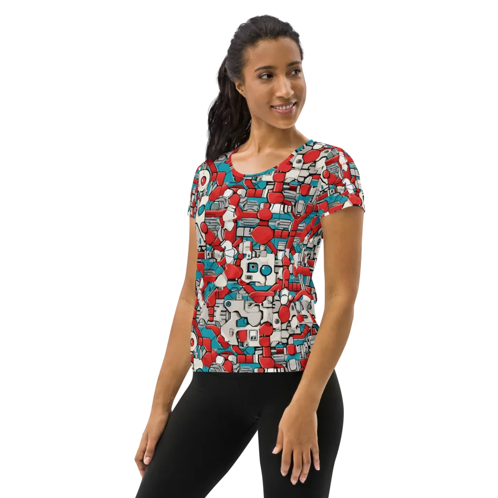 Red Circuitry on Women's Athletic T-Shirt — Left