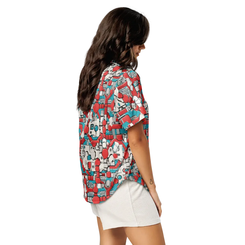 Red Circuitry on Women's Short Sleeve Pajama Top — Right Back