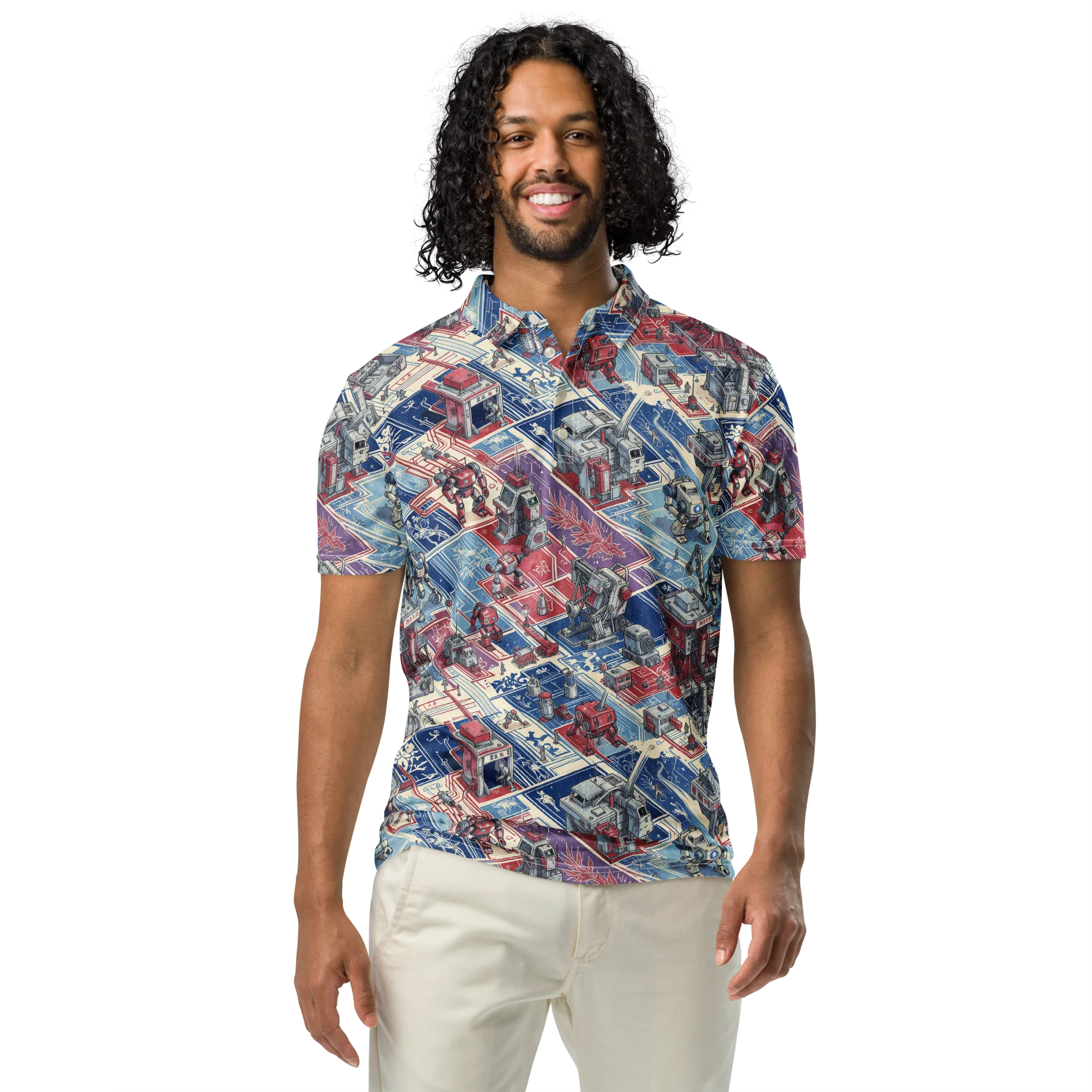 Robot Railyard on Men's Slim Fit Polo Shirt — Front