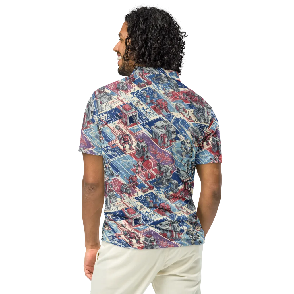 Robot Railyard on Men's Slim Fit Polo Shirt — Back