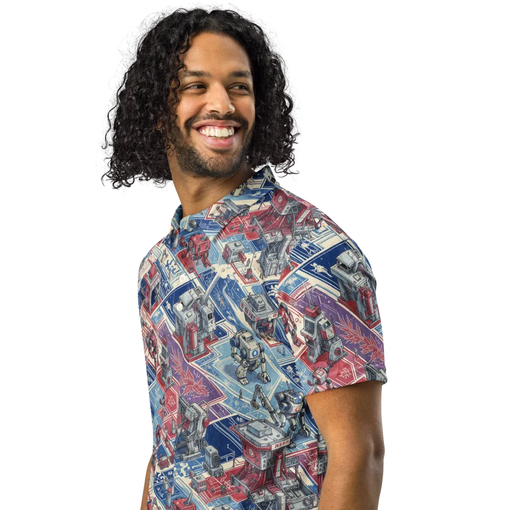 Robot Railyard on Men's Slim Fit Polo Shirt — Left Front