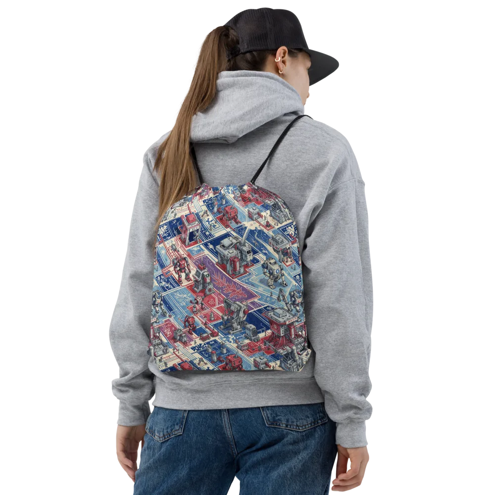 Robot Railyard on Drawstring Bag — Front