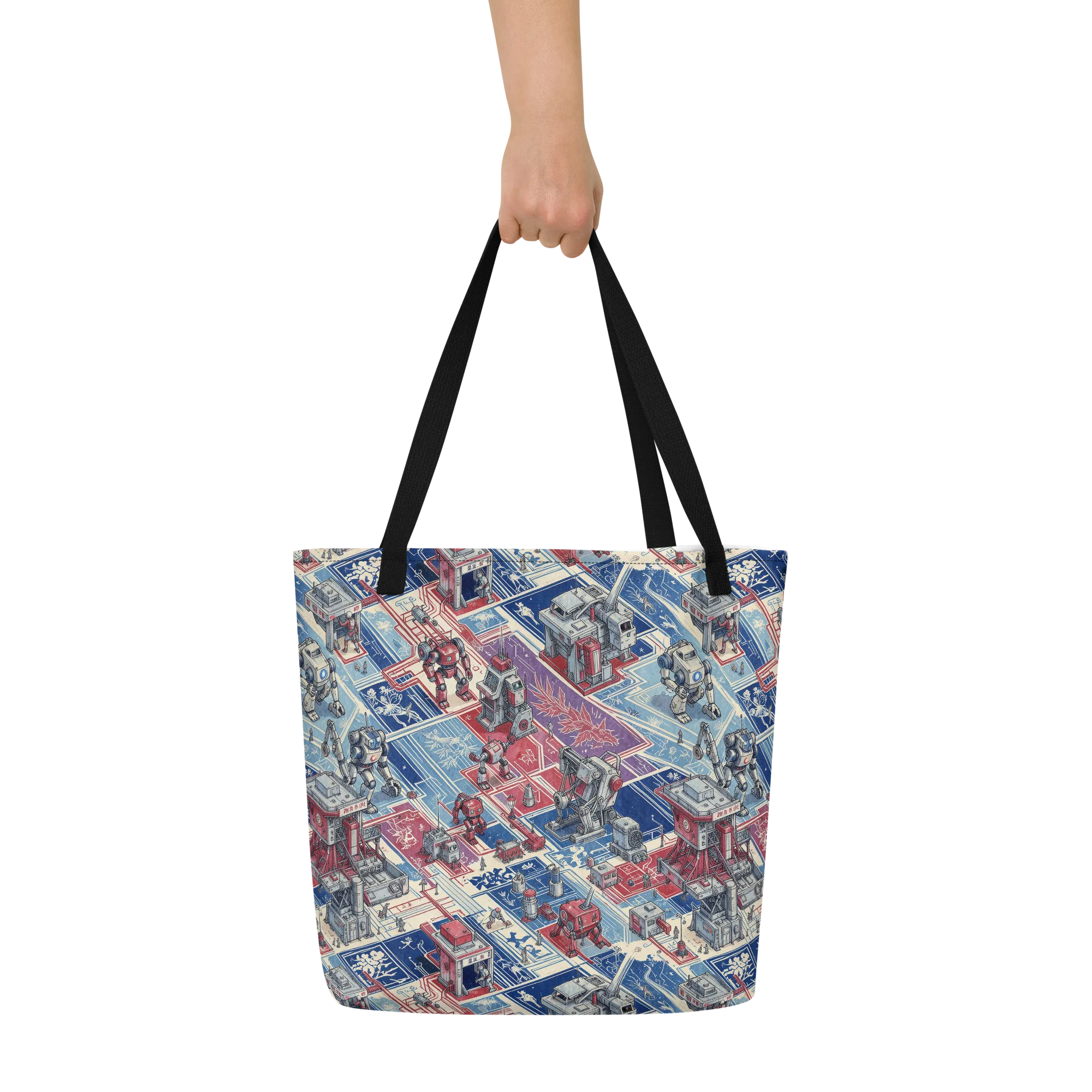 Robot Railyard on Large Tote Bag W/ Pocket — Front