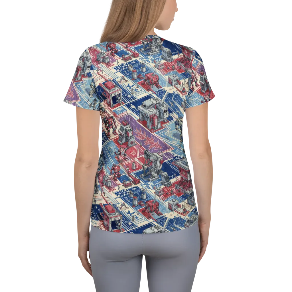 Robot Railyard on Women's Athletic T-Shirt — Back