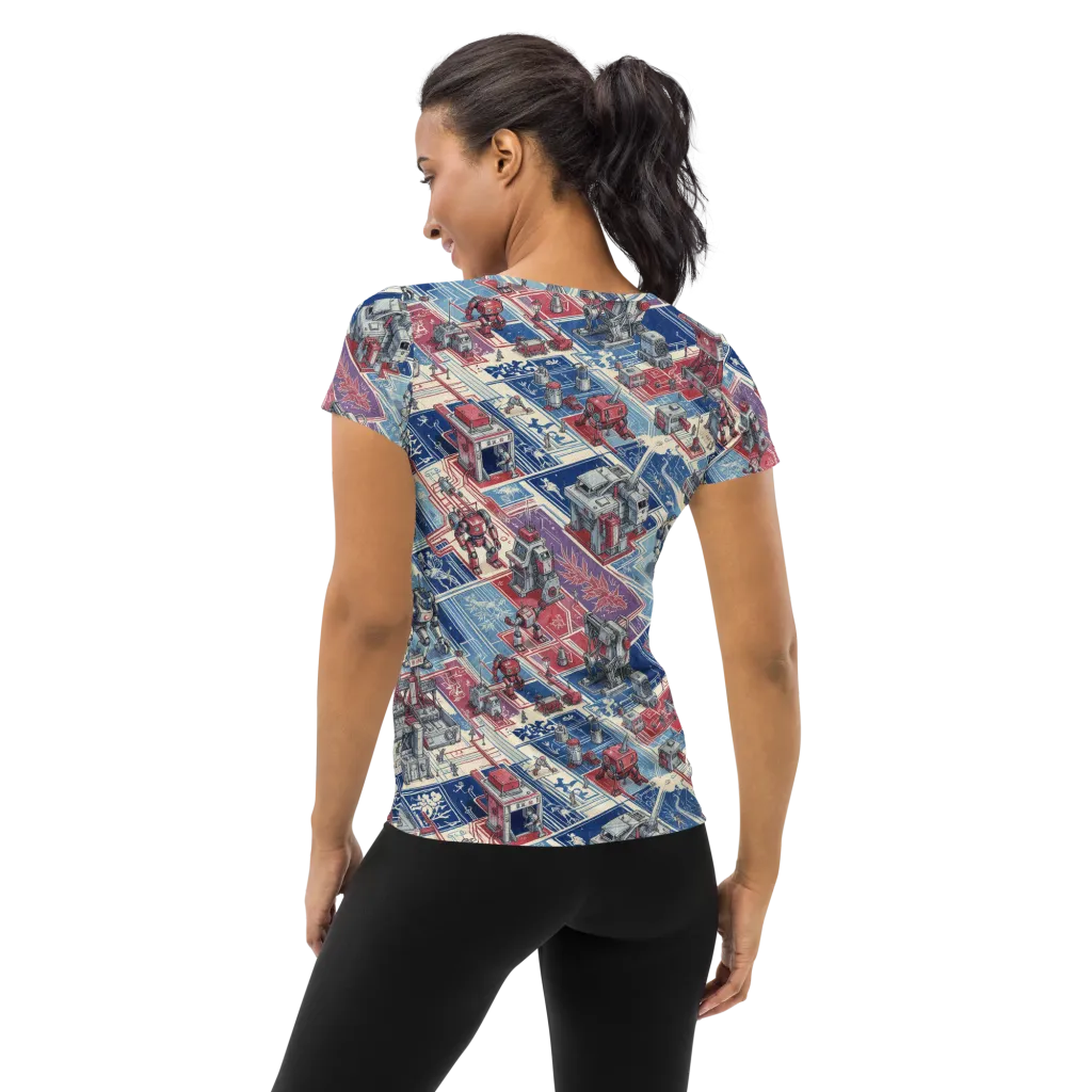 Robot Railyard on Women's Athletic T-Shirt — Back