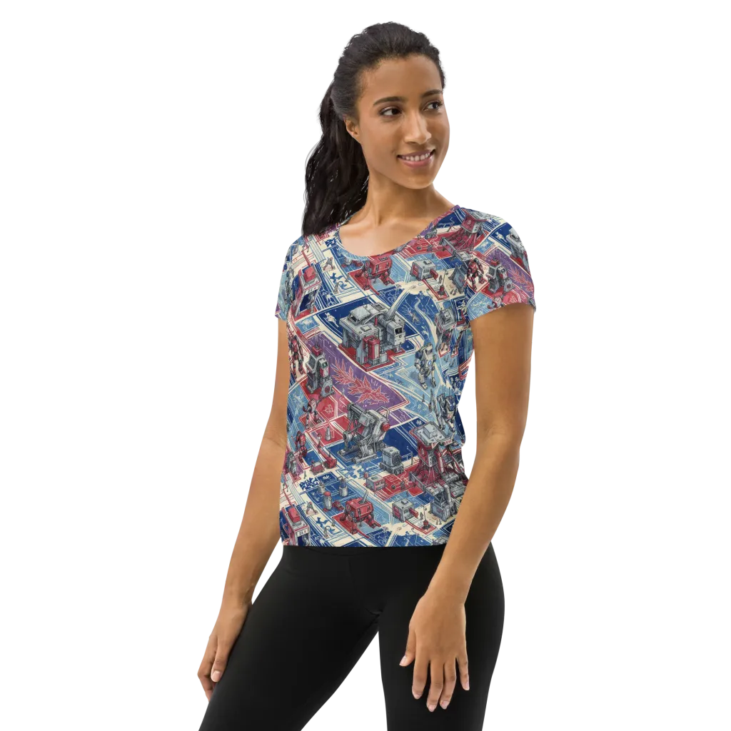 Robot Railyard on Women's Athletic T-Shirt — Left