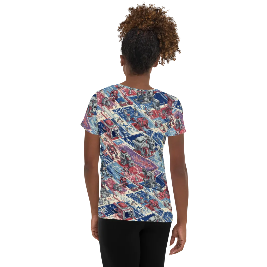 Robot Railyard on Women's Athletic T-Shirt — Back
