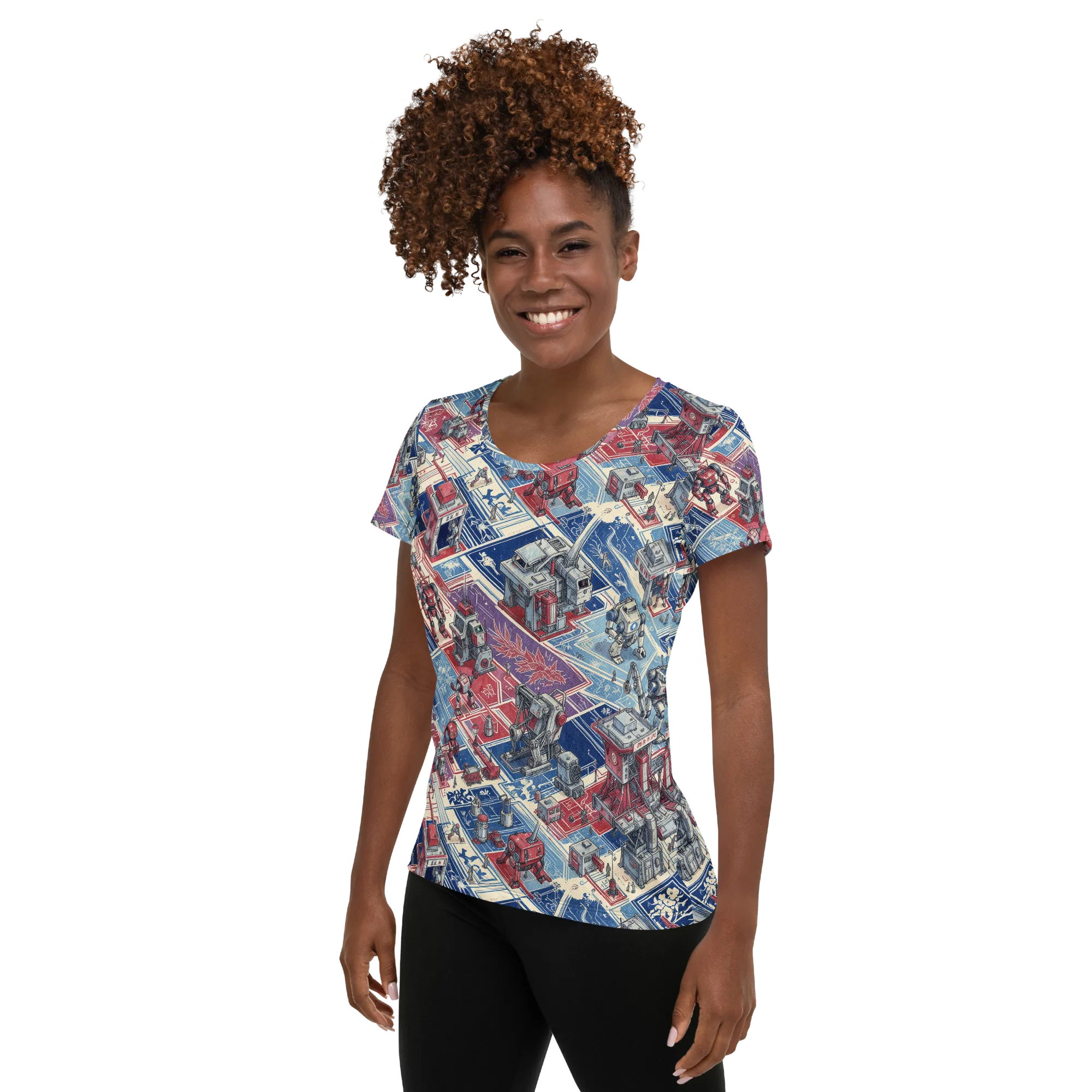 Robot Railyard on Women's Athletic T-Shirt — Left