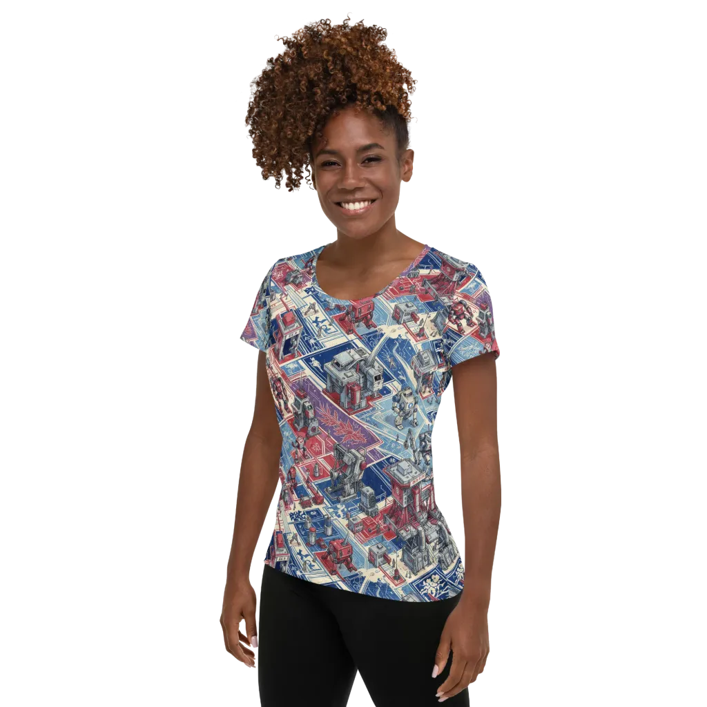 Robot Railyard on Women's Athletic T-Shirt — Left