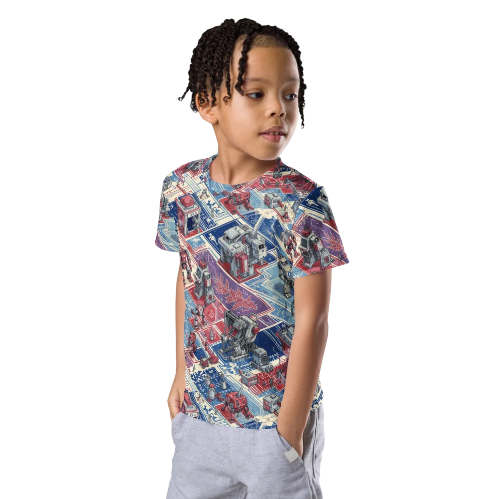 Robot Railyard on Kids Crew Neck T-Shirt — Left Front