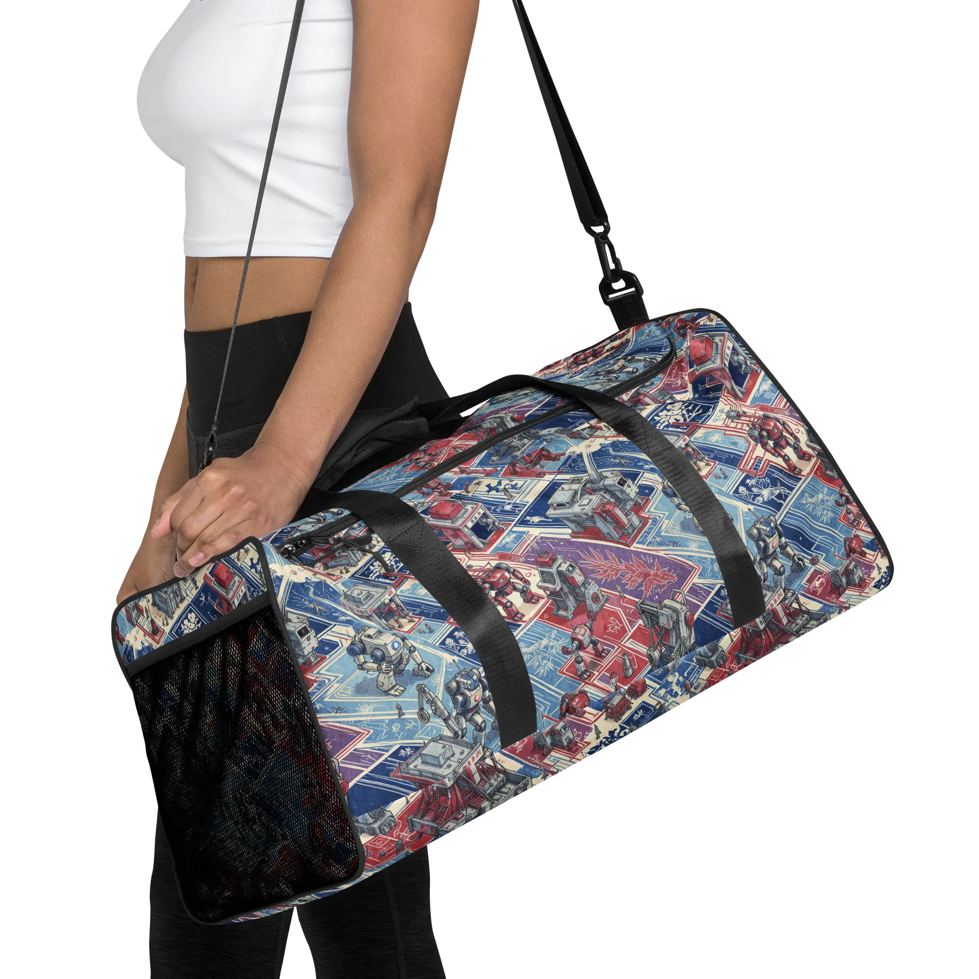 Robot Railyard on Duffle Bag — Front