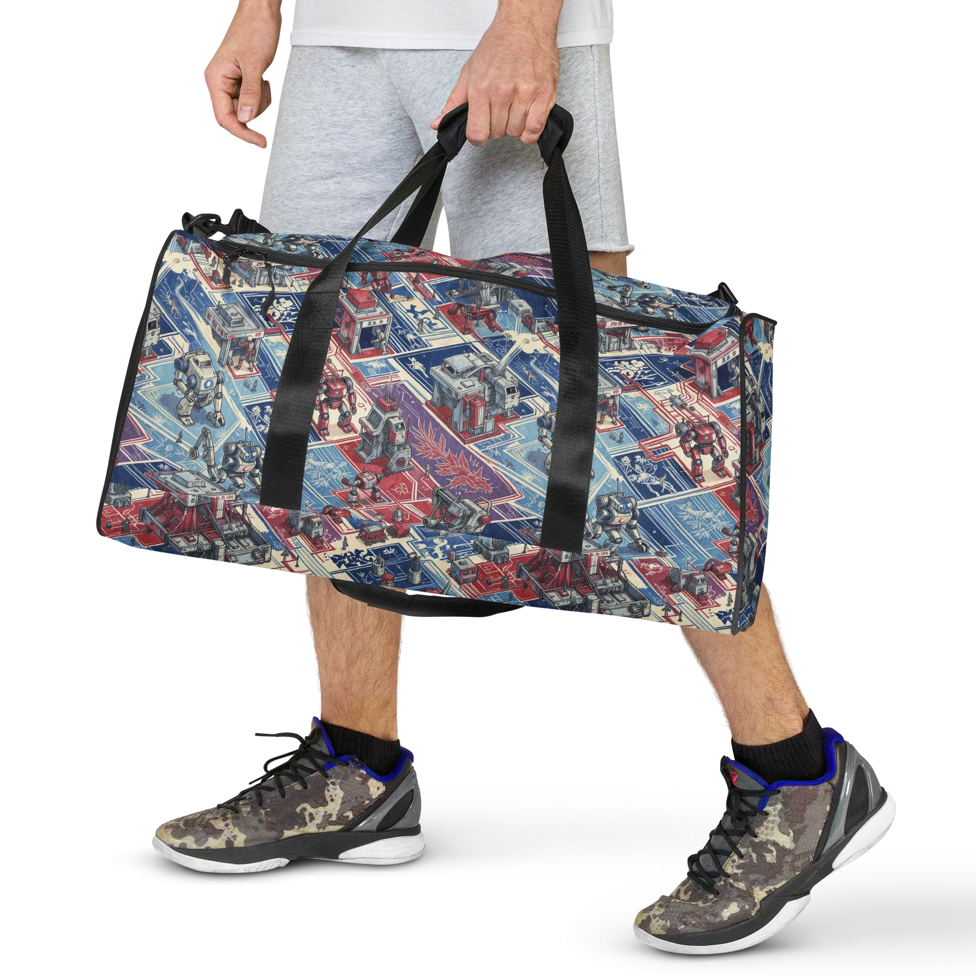 Robot Railyard on Duffle Bag — Front