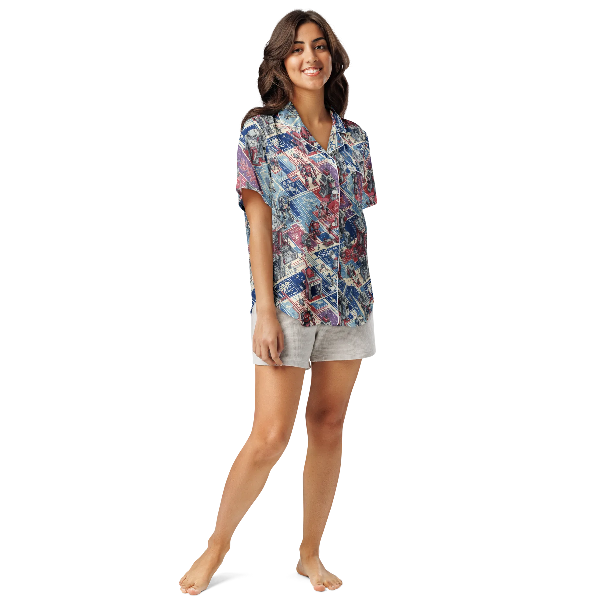 Robot Railyard on Women's Short Sleeve Pajama Top — Front