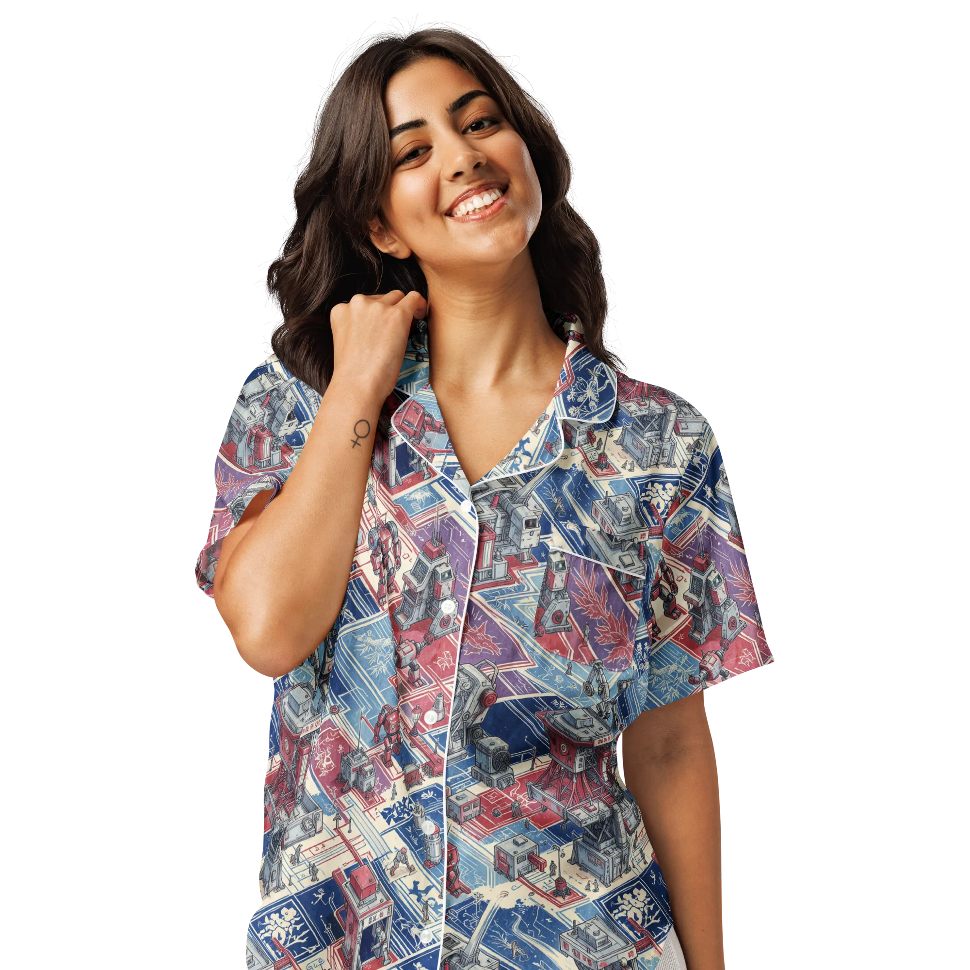Robot Railyard on Women's Short Sleeve Pajama Top — Front