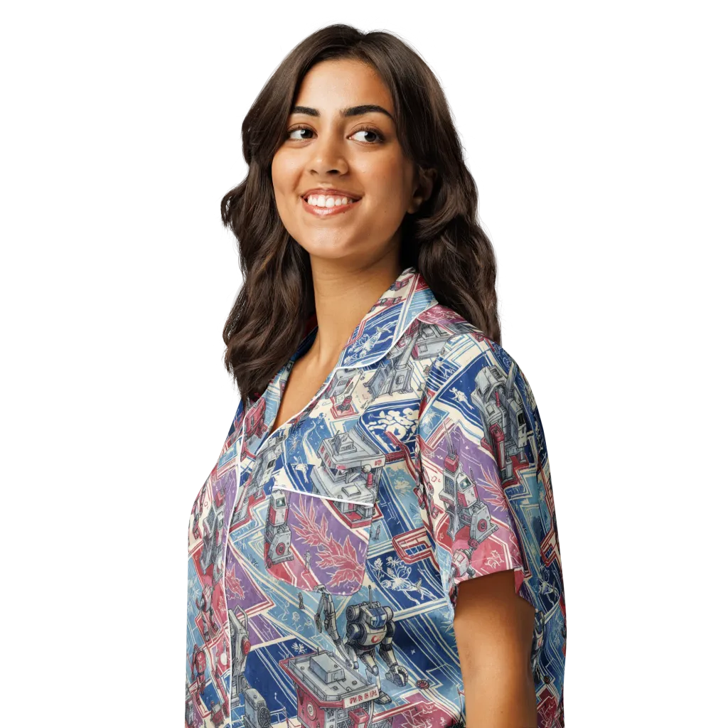 Robot Railyard on Women's Short Sleeve Pajama Top — Left Front