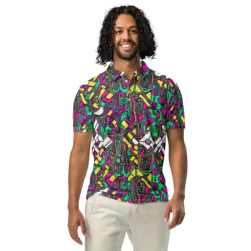 Synthwave Wiring on a Men's Slim Fit Polo Shirt