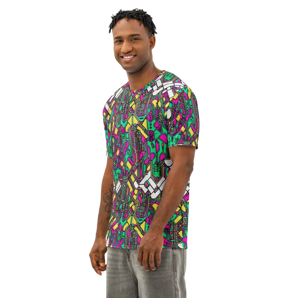 Synthwave Wiring on Men's Cotton Crew Neck T-Shirt — Left Front