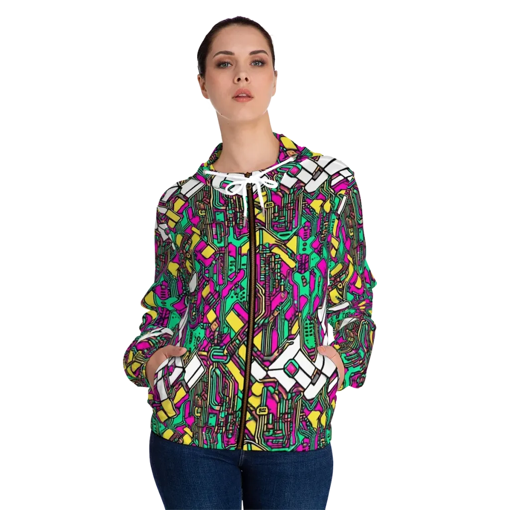 Synthwave Wiring on Women's Full-Zip Hoodie — Front On Person