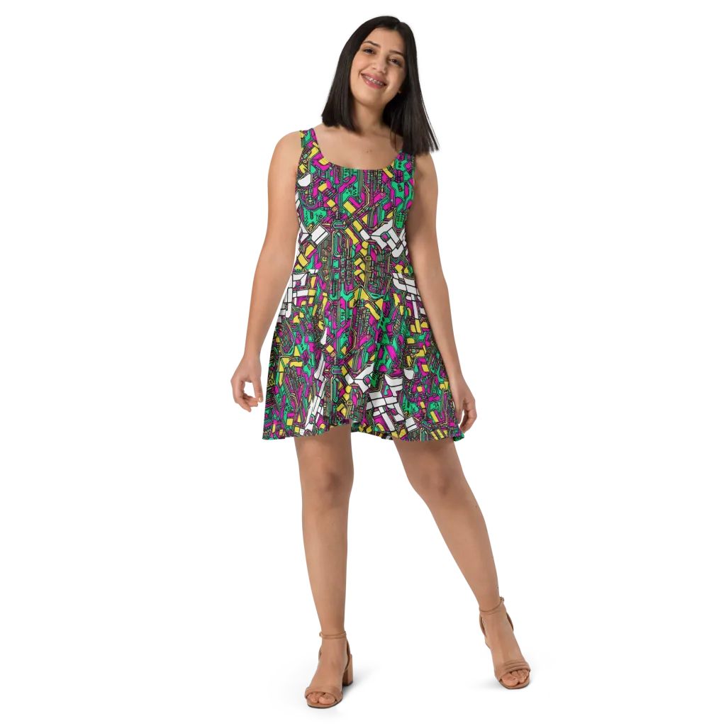 Synthwave Wiring on Skater Dress — Front