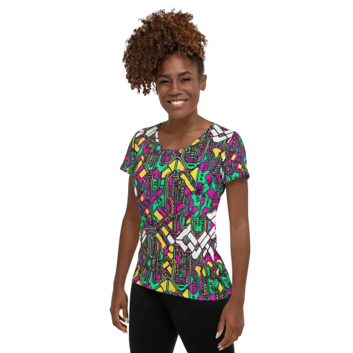 Synthwave Wiring on a Women's Athletic T-Shirt