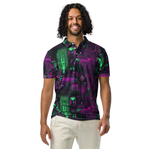 Synthwave Circuit on a Men's Slim Fit Polo Shirt