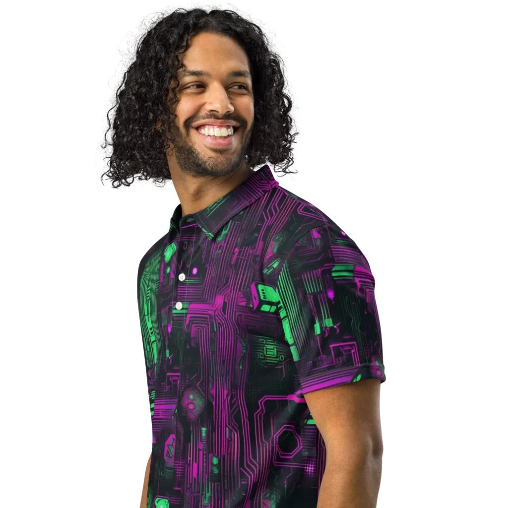 Synthwave Circuit on Men's Slim Fit Polo Shirt — Left Front
