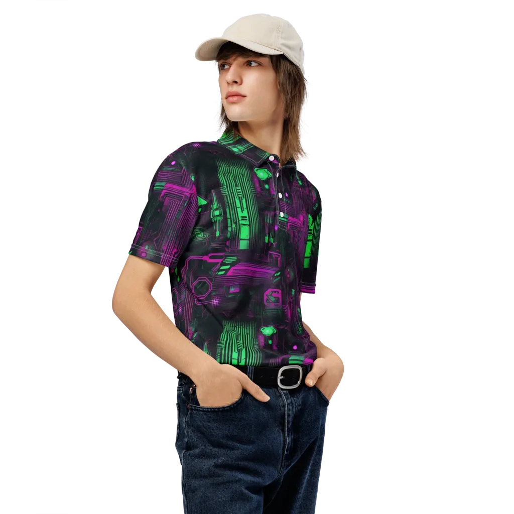 Synthwave Circuit on Men's Slim Fit Polo Shirt — Right Front