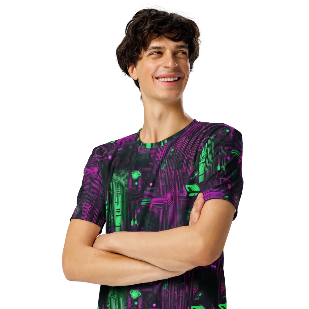 Synthwave Circuit on Men's Crew Neck T-Shirt — Left Front