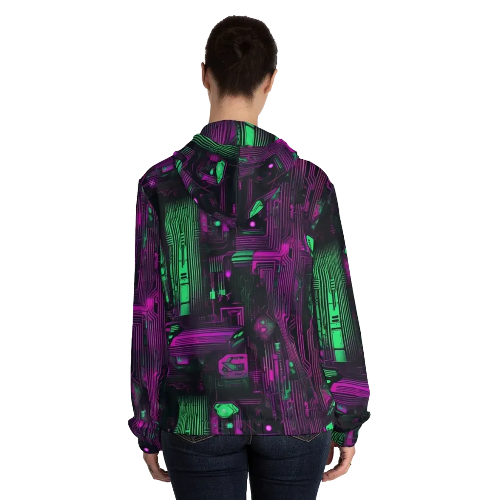 Synthwave Circuit on Women's Full-Zip Hoodie — Back On Person