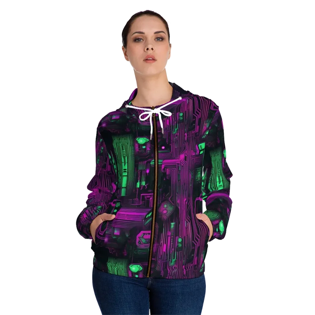 Synthwave Circuit on Women's Full-Zip Hoodie — Front On Person