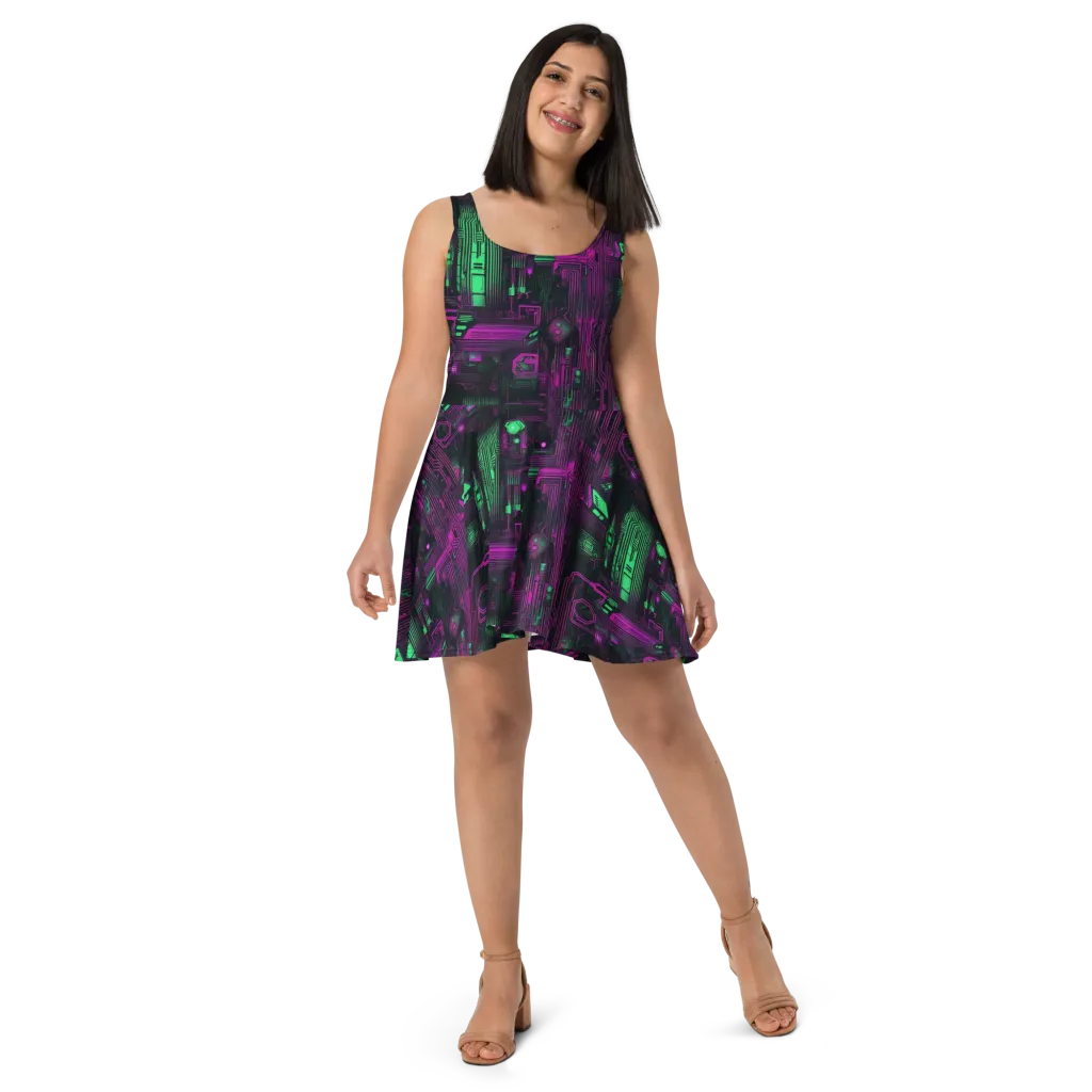 Synthwave Circuit on Skater Dress — Front