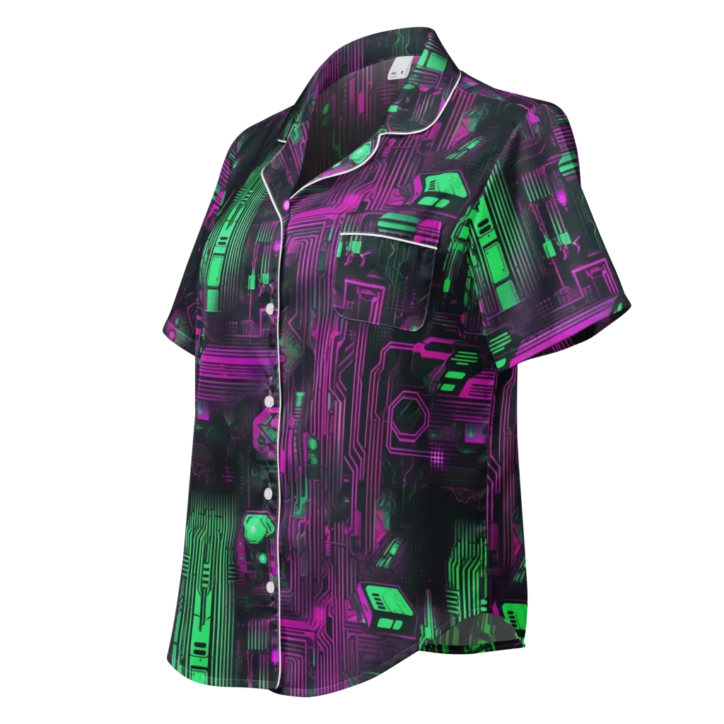 Synthwave Circuit on Women's Short Sleeve Pajama Top — Left Front