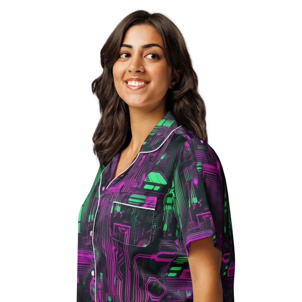 Synthwave Circuit on Women's Short Sleeve Pajama Top — Left Front