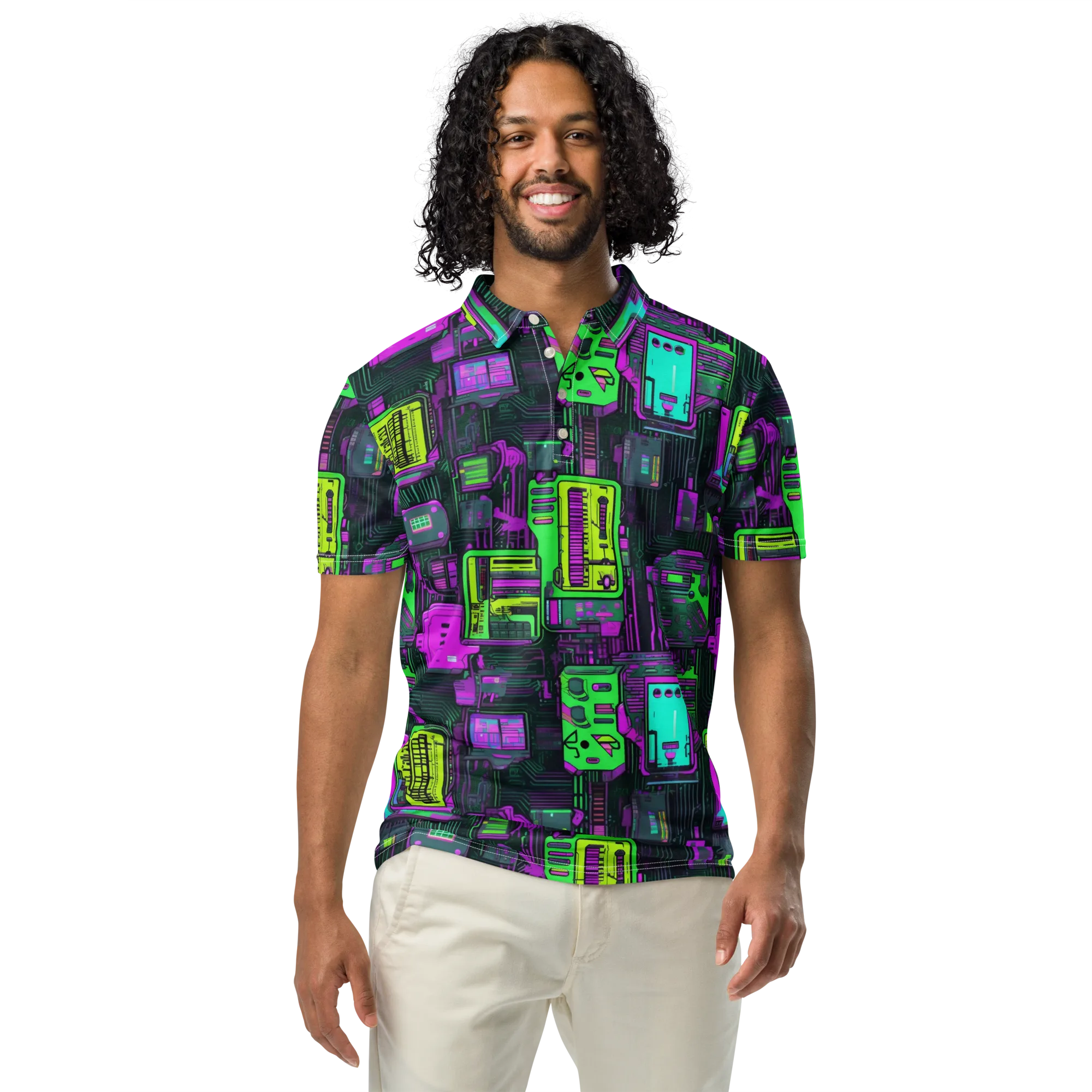 Synthwave Hardware on Men's Slim Fit Polo Shirt — Front