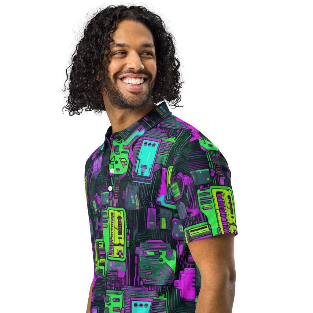 Synthwave Hardware on Men's Slim Fit Polo Shirt — Left Front