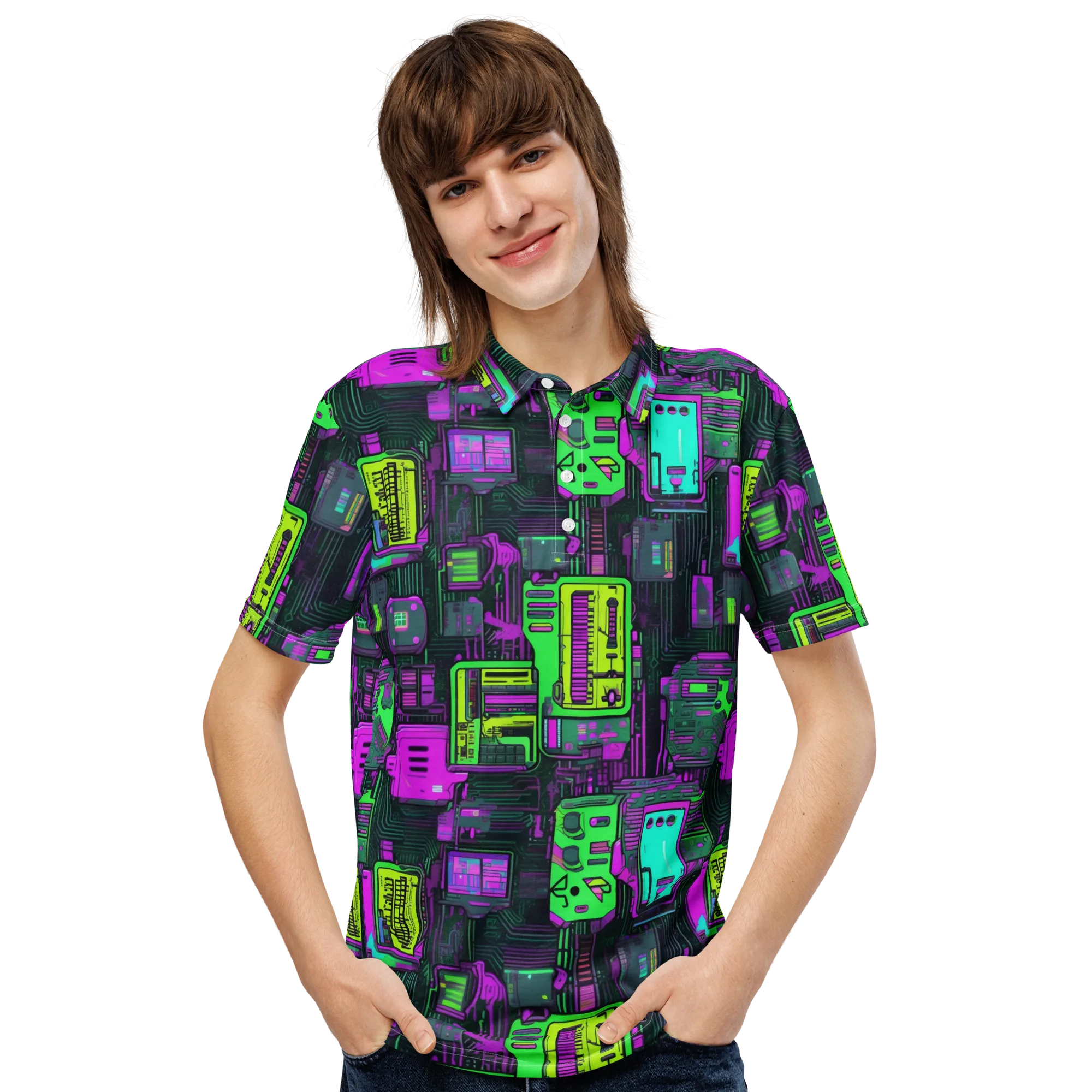Synthwave Hardware on Men's Slim Fit Polo Shirt — Front
