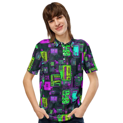 Synthwave Hardware on a Men's Slim Fit Polo Shirt