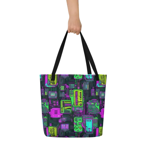 Synthwave Hardware on a Large Tote Bag W/ Pocket