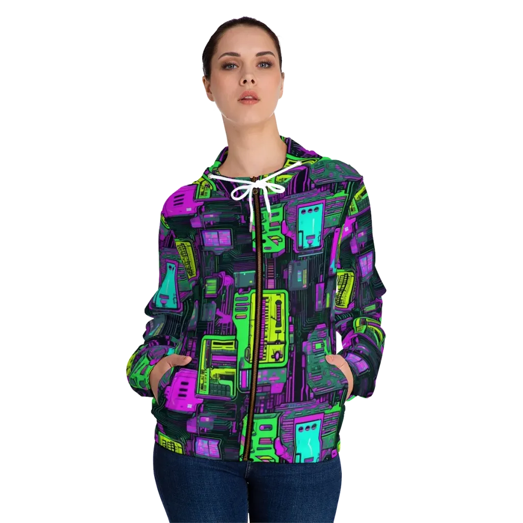 Synthwave Hardware on Women's Full-Zip Hoodie — Front On Person