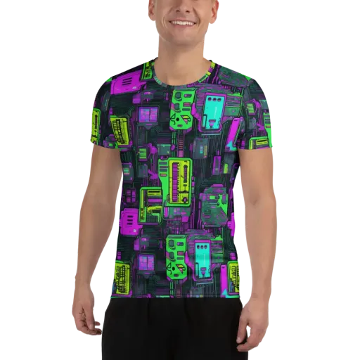 Synthwave Hardware on a Men's Athletic T-Shirt