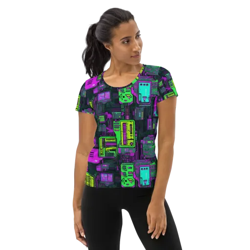 Synthwave Hardware on a Women's Athletic T-Shirt