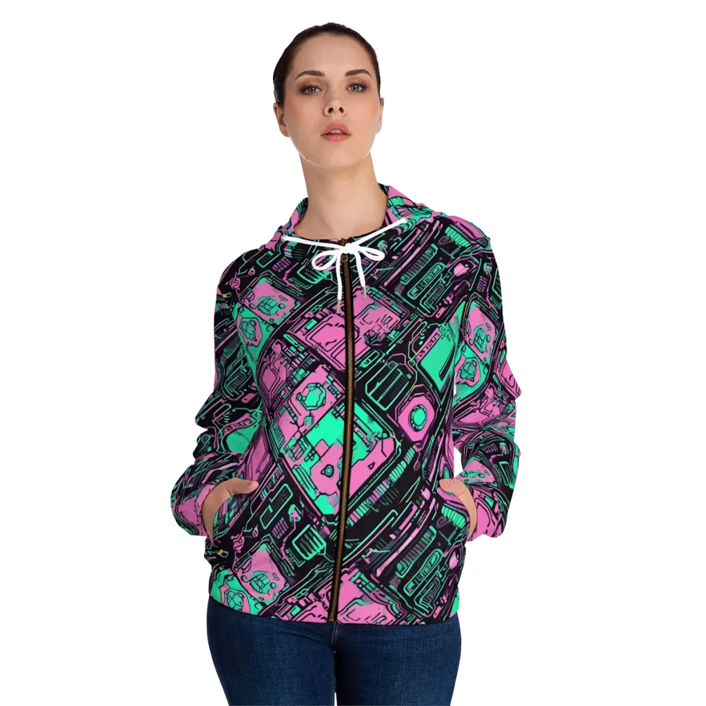 Vaporwave Voltage on Women's Full-Zip Hoodie — Front On Person