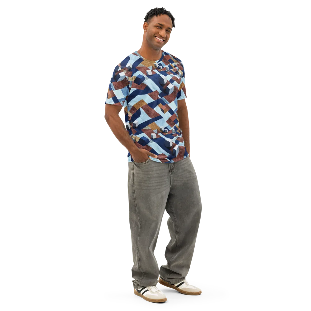 Cobalt Cubism on Men's Cotton Crew Neck T-Shirt — Right Front