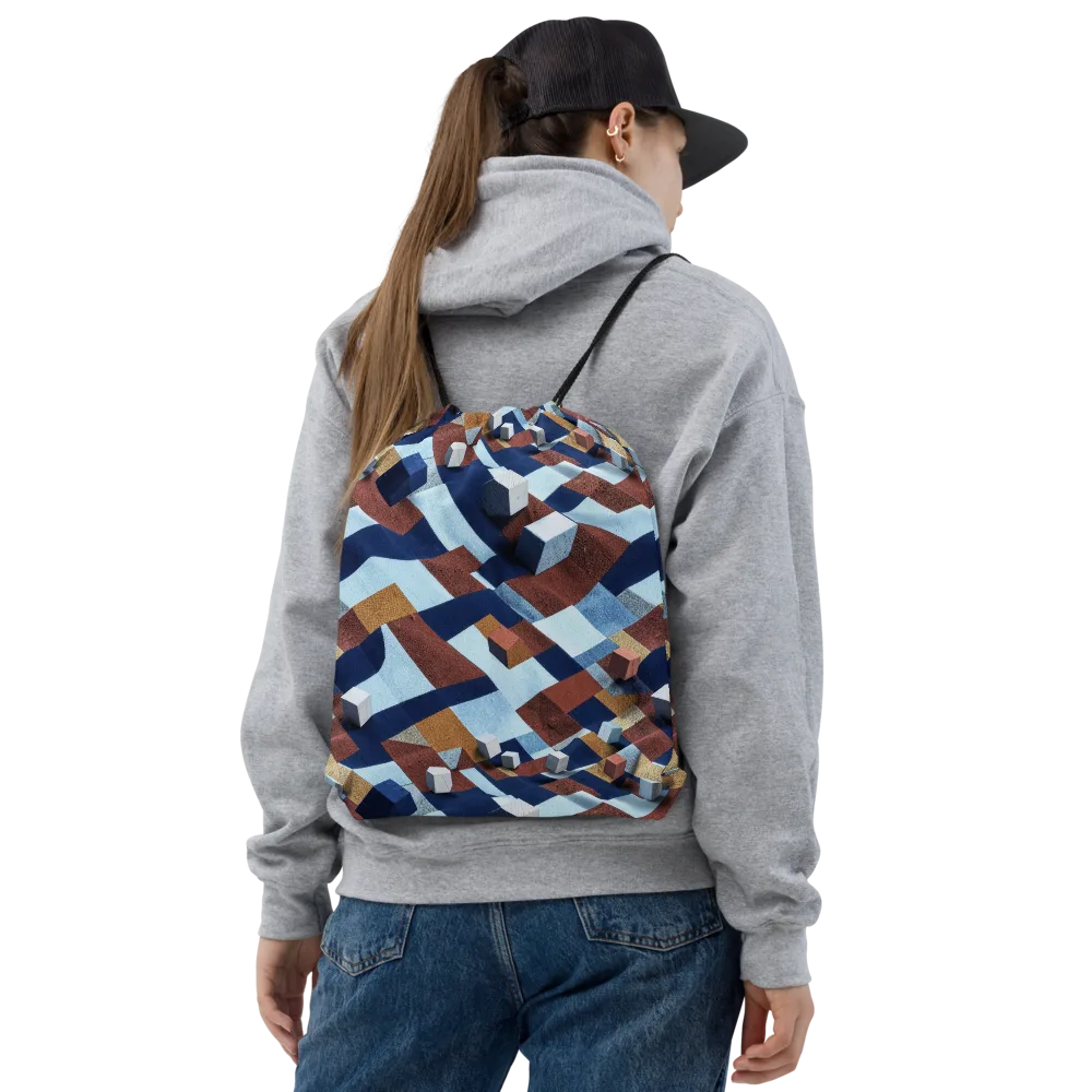 Cobalt Cubism on Drawstring Bag — Front