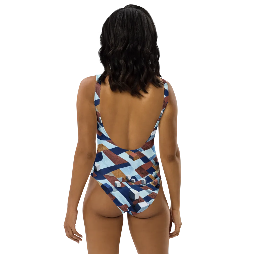 Cobalt Cubism on One-Piece Swimsuit — Back